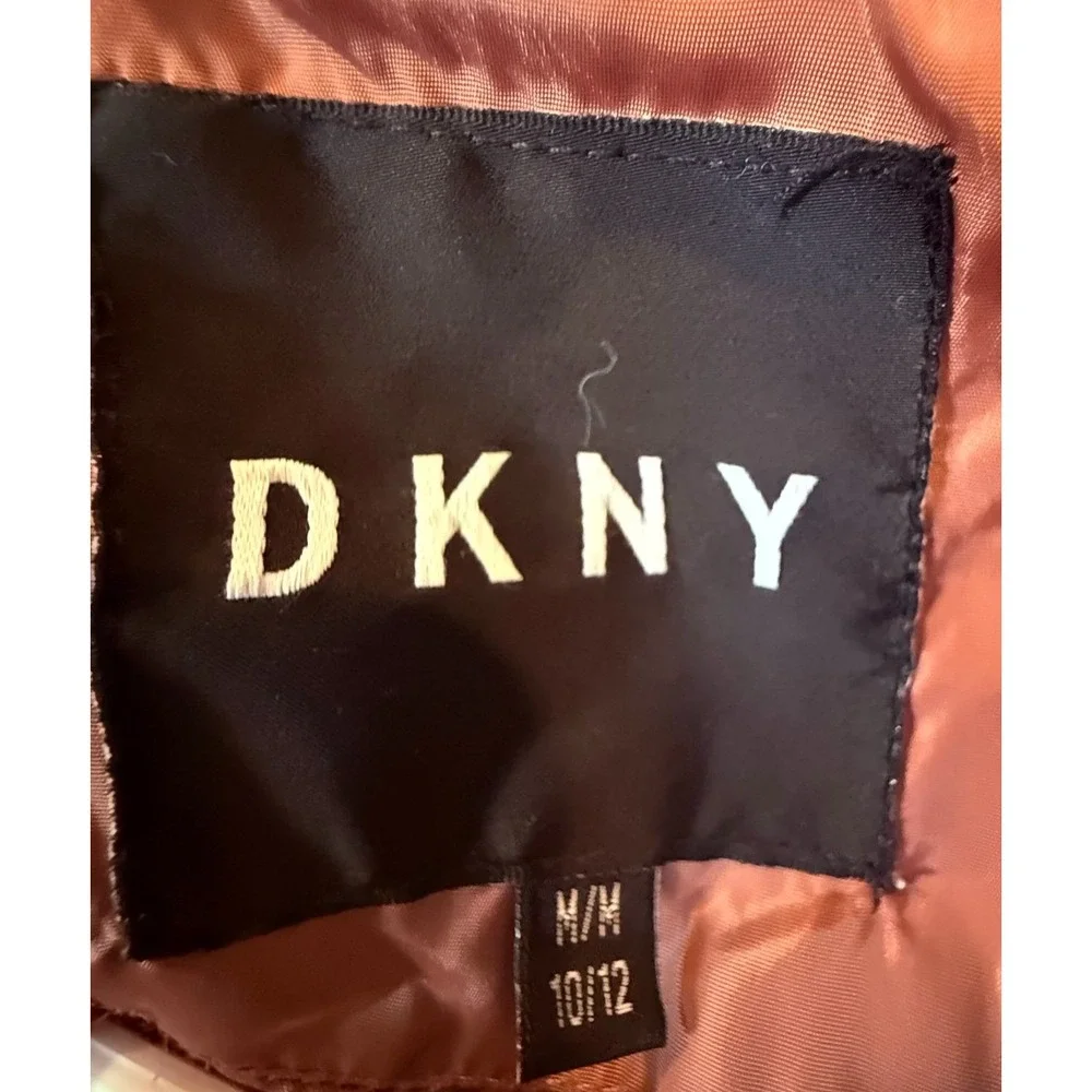 DKNY Girls Pink Puffer Coat Faux Fur Hood Long Winter Jacket Size 10/12 M/L